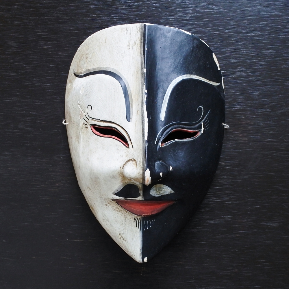 Vintage Balinese Black White Wooden Folk Art Dance Mask Wall Hanging